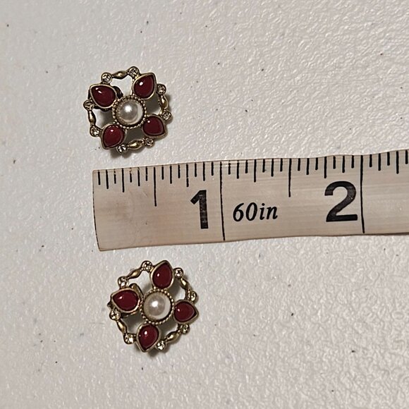 Elegant Retro Floral Red Faux Pearl Gold Tone Earrings Evening Formal Jewelry - Picture 3 of 3